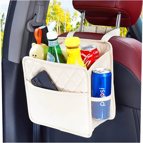 Meirenda Updated Car Back Seat Organizers and Storage, Seat Organizer for Backseat, Premium PU Leather Front & Backseat Car Organizer Universal Waterproof Hanging Car Seat Organizer (Beige 1Pack)
