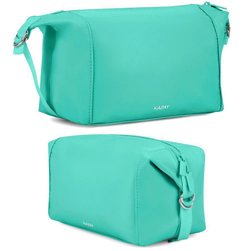 KAZAY Travel Toiletry Bag, Smart Design with Side Clips for Adjustable Sizing, Water Resistant, Premium Nylon, Cosmetic Bag, Stylish, Full-Size Bottles, Travel Size Toiletries, Makeup Bag (Aqua)