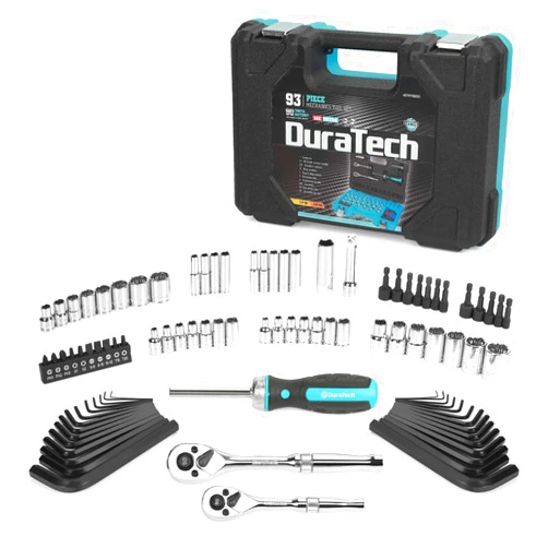 DURATECH 93 Piece Mechanics Tool Set, SAE/Metric Drive Socket Set(1/4 Inch and 3/8 Inch) with Ratchet handle Spark Plug Magnetic bit driver and Tool Accessories Set