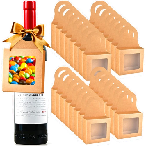 Mototo 30 Pieces Kraft Paper Wine Bottle Box with Window Hanging Foldable Wine Boxes Gift Boxes Empty Wine Bottles for Decor Bottle Hanger Favor Box for holding Candy Truffles Chocolate Cookies (Kraft)