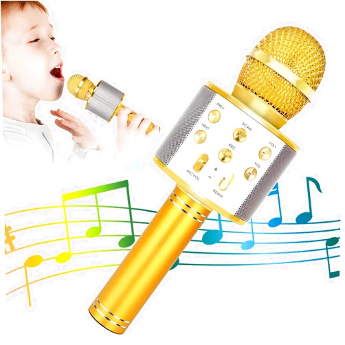 KIDWILL Wireless Bluetooth Karaoke Microphone for Kids, 5-in-1 Portable Handheld Karaoke Mic Speaker Player Recorder with Adjustable Remix FM Radio for Kids Girls Boys Teens Birthday (Gold)