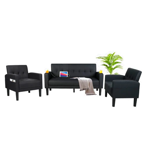AILEEKISS 3 Piece Living Room Sofa Set Loveseat Sofas Sets with 2 USB,Cup Holders,Side Pocket, Modern Leather 3 Pcs Sectional Couches Set for Apartment, Office, Bedroom (Black, 2-Seat+1-Seat+1-Seat)