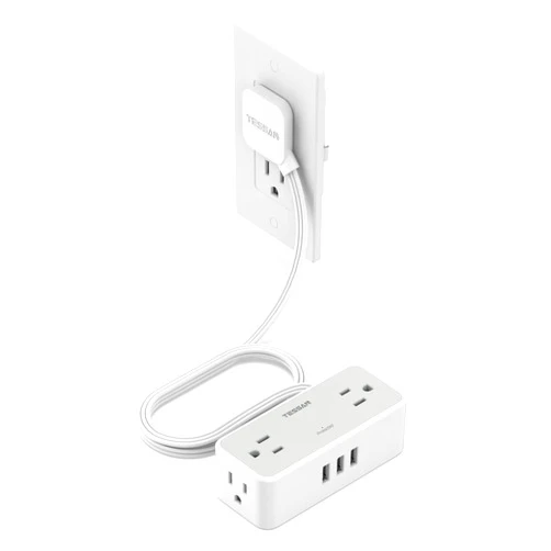 TESSAN Ultra Thin 5FT Flat Extension Cord, TESSAN Surge Protector Flat Plug Power Strip 4 Wide Spaced AC Outlets 3 USB, 900 Joules Protection, Suitable for Home Office Dorm