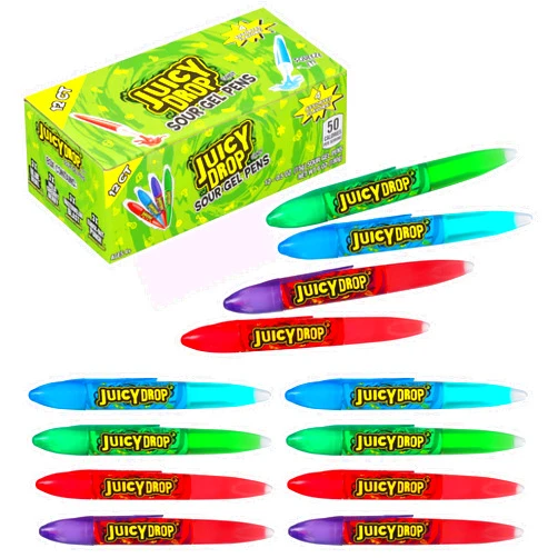 Juicy Drop Sour Gel Pen Candy Variety Pack of 12 - Assorted Fruity Flavors Sour Candy - Ideal for Kids Parties, Birthdays & Celebrations - Individually Wrapped, Fun Sour Gel Candy