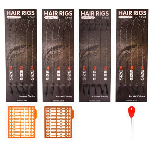 Luroad Carp Fishing Hair Rigs, 20 Pcs Curved Barbed Carp Hook Anti-Tangle Swivel Braided Thread line with 3 Card Boilie Bait Stops Dumbell Stoppers and Stringer Needle