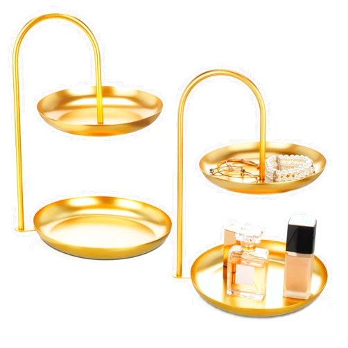 Maxcheck 2 Pcs Necklace Display Stand 2 Tier Jewelry Holder Tabletop Jewelry Organizer Tower with Round Storage Tray Jewelry Organizer Tower for Bracelets Necklaces Earrings Makeups(Gold)