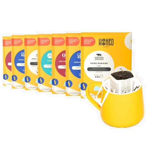 Hooked Coffee Premium Portable Pour Over Drip Coffee Singles, Variety Coffee Sampler, 100% Specialty Arabica Coffee, Single Serve Drip Bags - 7 Pack - Light, Medium & Med-dark Roasts