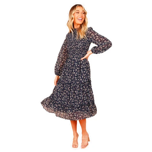 Petal & Pup Women's Edwina Shirred Frill Long Sleeve Midi Dress