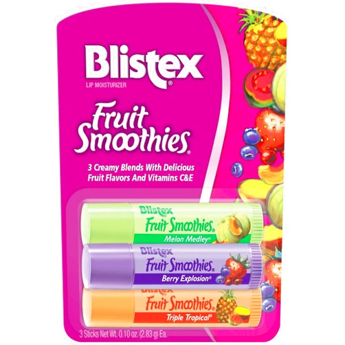 Blistex Lip Moisturizer Fruit Smoothies, 3 Creamy Blends, Melon Medley, Berry Explosion, Triple Tropical, 0.10 oz Each (Pack of 5)
