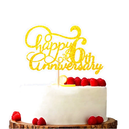 KKAIRA Happy 6th Anniversary Cake Topper, Cheers to 6th Years Old Birthday Cake Decor, Gold Glitter Cake Decorations for Six Anniversary Wedding Party