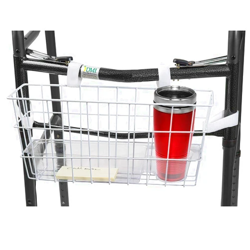 HealthSmart Walker Storage Basket with Cup Holder and Insert Tray, No Tools Needed, White, 16 x 5.5 x 7, Walker Accessories