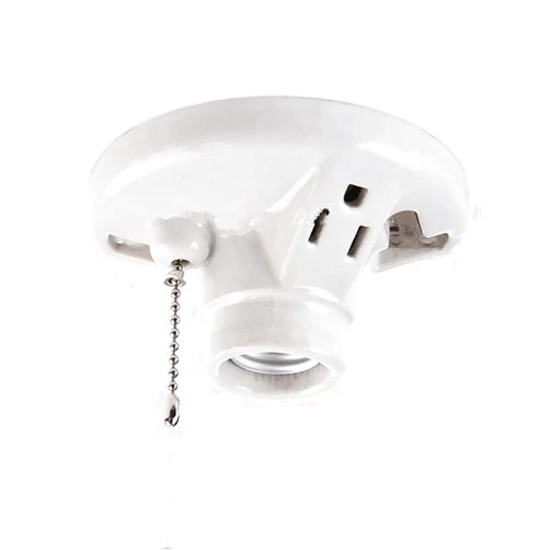 ZTGJMN Porcelain Light Socket with Outlet and Pull Chain Light Fixture,Top Wired, Light Bulb Socket, E26 Medium Base, Grounded Plug,Porcelain Pull Chain Light Fixture, White (1)