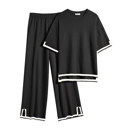 Ekouaer Lounge Set for Women 2 Piece Outfits Knit Short Sleeve Sweater Top Wide Leg Long Pants Loungewear Pajama Set