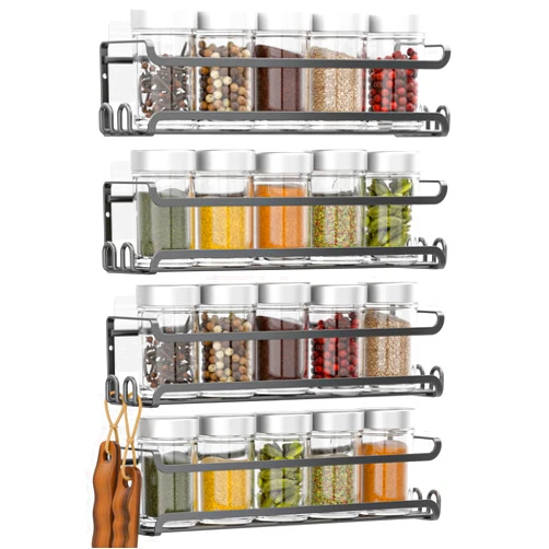 LUCYCAZ 4 Pack Wall Mounted Spice Rack with 16 Hooks, Spice Rack Organizer for Cabinet Pantry Door,Screw or Adhesive Spice Shelf Hanging Wall Spice Rack for Spice Jars and Seasonings (Black)