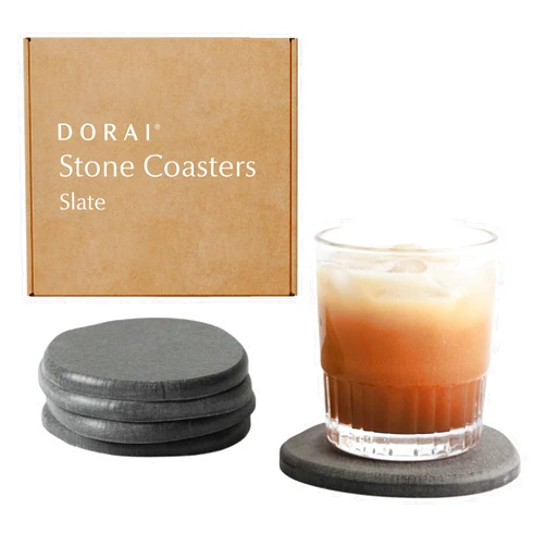 DORAI Home Stone Coaster Set - 4 Stone Coasters with Absorbent Diatomaceous Earth for Instant Drying Round Coasters for Drinks Modern Home Decor - Slate Stone