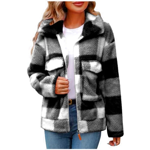 Gsatuba Jacket for Women Trendy Fleece Plaid Turndown Breast Pocket Coat Zip-up Long Sleeve Shaggy Warm Outerwear Fall Cloth