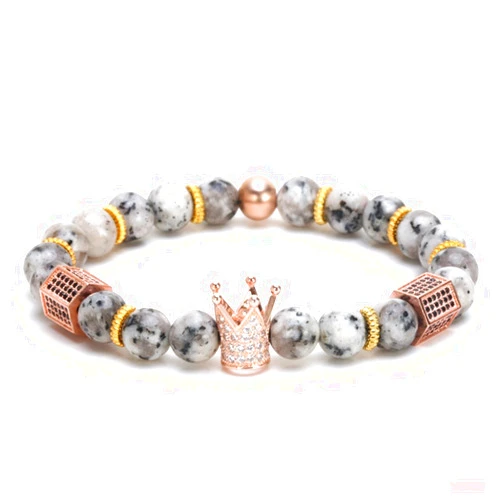 SEVENSTONE 8mm Crown King Charm Bracelet for Men Women Black Matte Onyx Stone Beads, 7.5