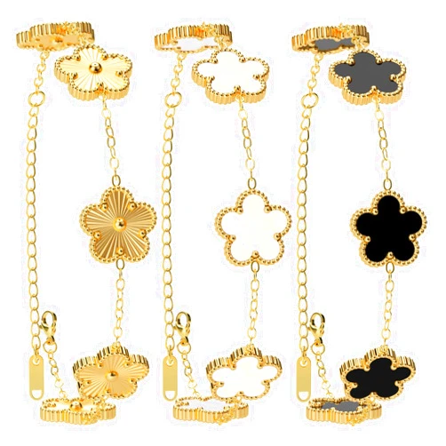 AICase 18K Gold Plated Clover Bracelet Dupes Gold/White/Black Bracelet Set for Women Flower Leaf Lucky Clover Bracelets Trendy Jewelry Birthday Gifts for Women/Mon/Friends