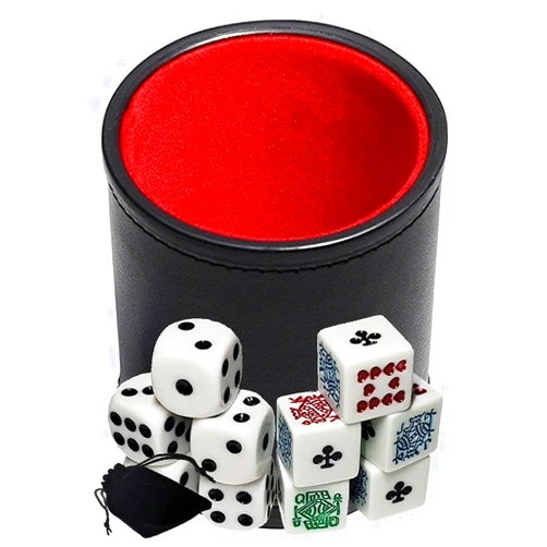 Cyber-Deals Black PU Leather Red Felt Lined Dice Cup with White Poker & Pip Dice in Storage Pouch Set (1 Set)