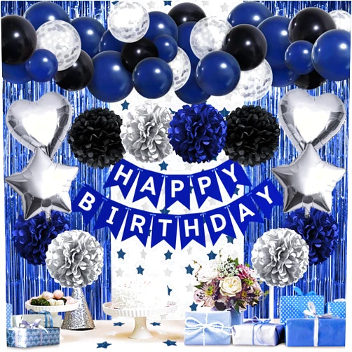 ZERODECO Birthday Party Decorations for Men, Black Navy Blue Silver Happy Birthday Banner Pompoms Balloon Arch Fringe Curtain Party Décor for Men Boys Women Girls Birthday Party Decorations Kit
