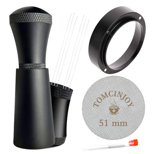 TOMCINJOY 51mm WDT Tools Puck Screen - 51mm Espresso Dosing Funnel & 0.35mm 316 Stainless Steel Needles Coffee Stirrer Distribution Tool | Fits Espresso Coffee Machines of 51mm Portafilters