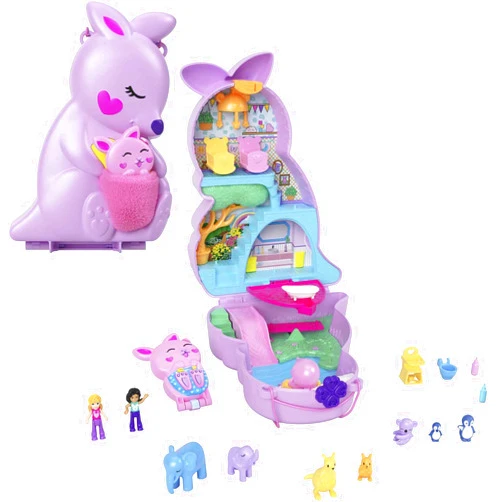 Polly Pocket 2-in-1 Travel Toy Playset, Animal Toy with 2 Dolls & Accessories, Mama & Joey Kangaroo Purse Large Compact