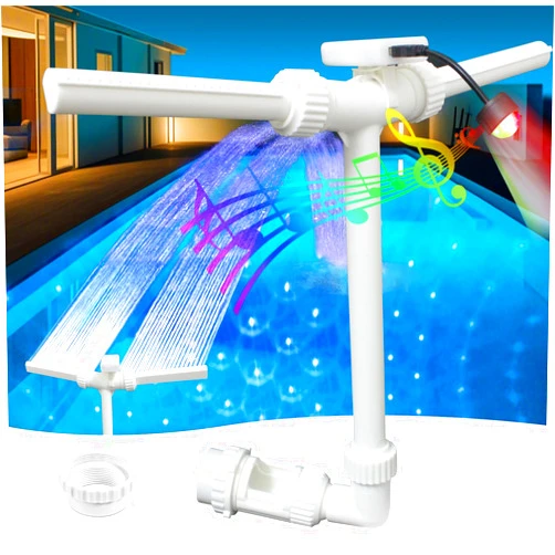 BowLUQ Pool Fountain with 4-Color LED Light, Pool Water Fountain Star Light Show, Dual Spray Adjustable Pool Waterfall Sprinkler Decor, Fit 1.5/2.2'' Pool Retrun Jets Above/In Ground Pool Cooling System