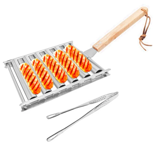 Bogandou Hot Dog Roller for Grill, Stainless Steel BBQ Sausage Roller Rack with Extra Long Wood Handle, Portable Barbecue Essentials Tools with Clip, Durable Hot Dog Griller Accessories for Camping
