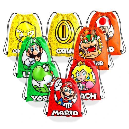 YOPENMOUNE 12 Pieces Mario Candy Drawstring Bag Drawstring Goodie Favor Bags for Boys and Girls Cartoon Birthday Party Decorations