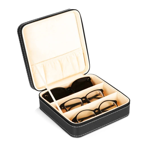Olpchee Portable 3-Slot Glasses Storage Travel Sunglass Organizer Zipper Box Jewelry Leatherette Display Case Collector