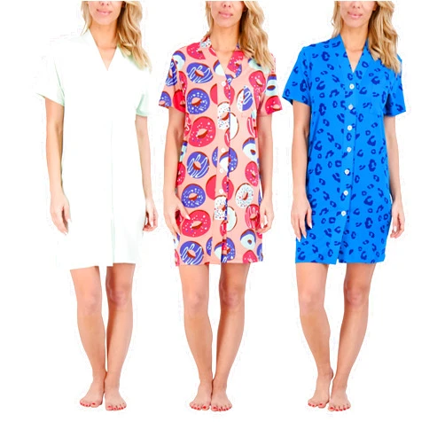 Real Essentials 3 Pack: Womens Short Sleeve Full Button-Down Henley Nightshirt Nightgown Sleep Dress (Available In Plus Size)