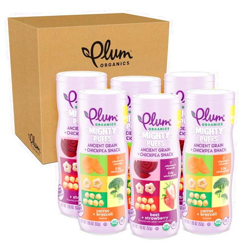 Plum Organics Mighty Puffs Organic Baby Food - Two Flavor Variety Pack - 1.85 oz Canister (Pack of 6) - Ancient Grains and Chickpea Snacks
