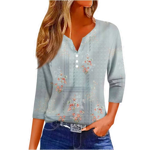 FlekmanArt Womens 3/4 Sleeve Tops and Blouses Printed Button Down Tshirt V Neck Dressy Shirts Casual Loose Summer Tunic Tops