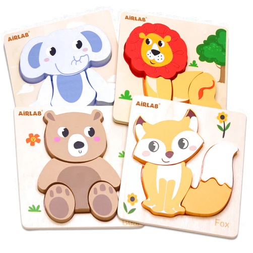 Airlab Wooden Puzzles for Toddlers 1 2 3 Year Old Animals Shape Puzzle Toys for Travel Airplane Gift for Kids Montessori Early Development Gifts for Baby Boys Girls with Drawstring Bag Pack of 4