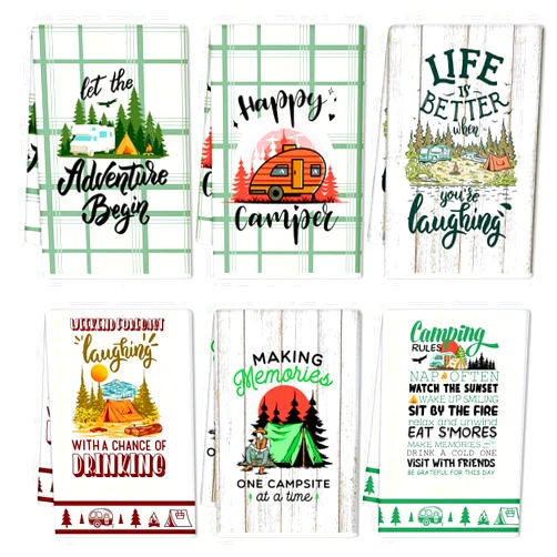 Oudain 6 Pieces Camping Kitchen Towels Camping Decor Dish Towels Kitchen Hand Towels Kit Tea Towels Printed with Funny Sayings Novelty Gifts for Campers Camping Accessories for Rv Campers