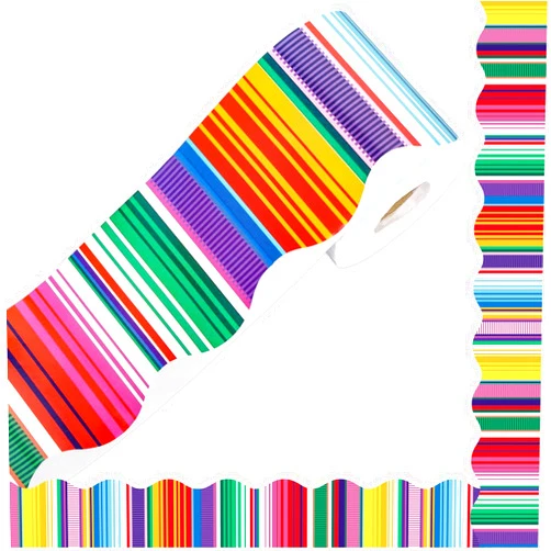 FYSUIMU 65.6 Ft Mexican Fiesta Bulletin Board Border Colorful Striped Scalloped Die Cut Trim Cinco De Mayo Border Sticker Roll for Back to School Home Classroom Party Wall Decoration (Thin Stripe)