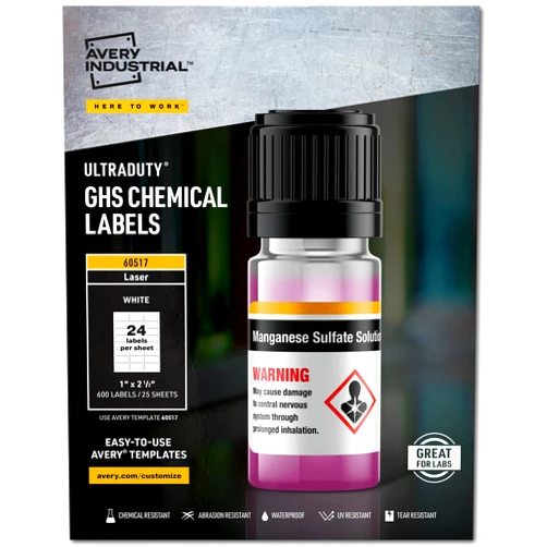 Avery UltraDuty GHS Chemical Labels for Laser Printers, Waterproof, UV Resistant, 1 x 2.5, Pack of 600 (60517)