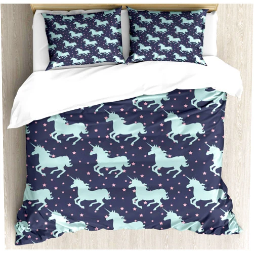 Ambesonne Unicorn Duvet Cover Set, Magic Horse Twinkle Little Spot Stars and Dark Background Art, Decorative 3 Piece Bedding Set with 2 Pillow Shams, Queen Size, Blue and Pink