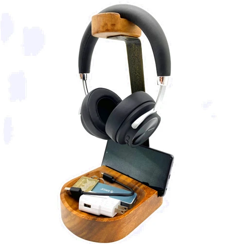 WRIGHTMART Acacia Wood Headphone Stand, Headset Stand with Storage Tray, Heavy Duty Holder for Over-Ear Headphones, Cell Phone, iPhone, Compatible with Bose, Beats, Sony, Sennheiser