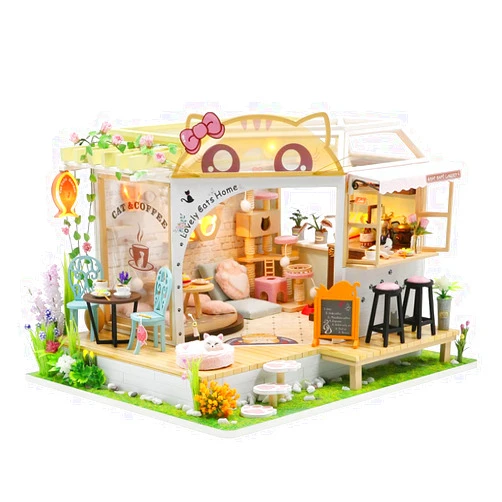 CUTEBEE Dollhouse Miniature with Furniture, DIY Wooden Dollhouse Kit Plus Dust Proof, Creative Room Idea(Cat Coffee Garden)