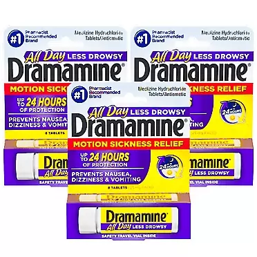 Dramamine All Day Less Drowsy Motion Sickness Relief | 8 Tablets | Pack of 3 | 3 Count