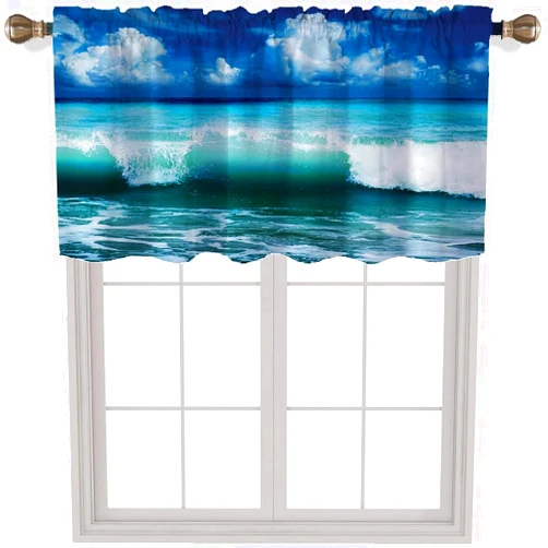 LANQiAO Ocean Surf Waves Valances Curtains for Living Room, Solid Rod Pocket Drapery Short Curtain Panels Caribbean Sea and Water Splash for Surfers for Kitchen/Bathroom/Laundry W20.4 x H9.4 inch