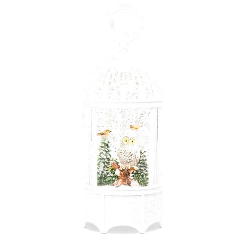 Abbott Collection Marvel Owl and Birds in Cage Glitter LED Snow Globe Lantern, White (10