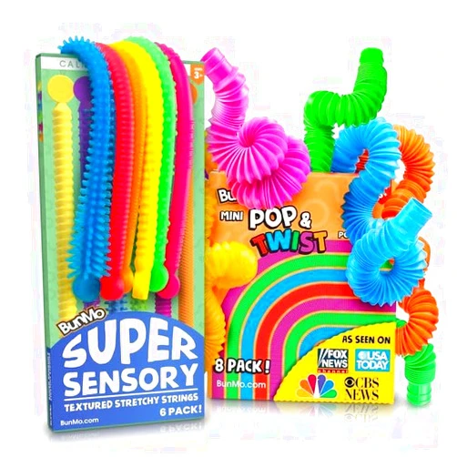 BUNMO Bundles Super Sensory Stretchy Strings & Pop Tubes - Textured Monkey Stretch Noodles - Sensory Toys - Stimulating Creative Learning - Toddler Sensory Toys - Anxiety Toys for Kids