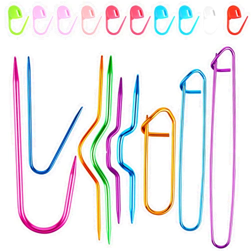 Xthrotsenk 19 Pcs Cable Stitch Holders Needles Sweater Knitting Tool Aluminum Knit Holders Cable Needles Stitch Holders Markers Locking Stitch Safety Pin Bent Tapestry Needle for Yarn Sewing Knitting Mixed Color