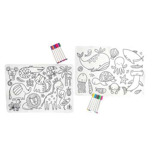 JoLo Goods Educational Silicone Coloring Mats (2) and Markers (12) for Ages 3+ Reusable Easy-to-Clean Toddler & Child Activity for Artistic Creative Fun Durable Versatile Drawing Surface