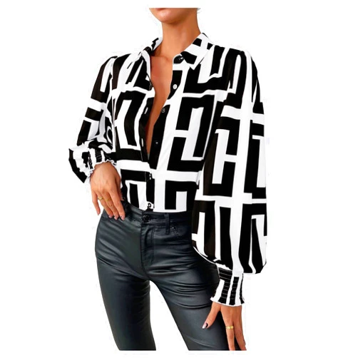 SweatyRocks Women's Graphic Print Long Lantern Sleeve Collar Neck Button Front Blouse Shirt Top