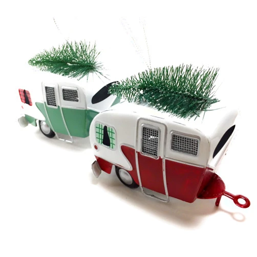 Kurt S. Adler Kurt Adler Red and Green Campers Hauling Trees Tin Christmas Holiday Ornaments Set of 2