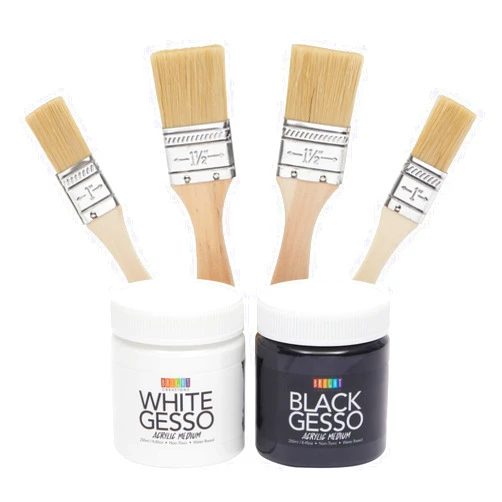 Bright Creations White and Black Gesso for Acrylic Painting with 4 Paint Brushes - 2 Pack of Black and White Gesso for Acrylic Painting (250ml Per Bottle, 3 x 4 Inch)