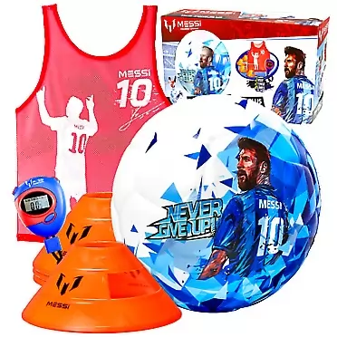 Messi Training System Kids Soccer Training Set - 7 pc Football Time Zone Kit - Size 4 Youth Soccer Ball with 4 Cones, Stopwatch Timer, and Vest - Lionel Messi Soccer Equipment Boys